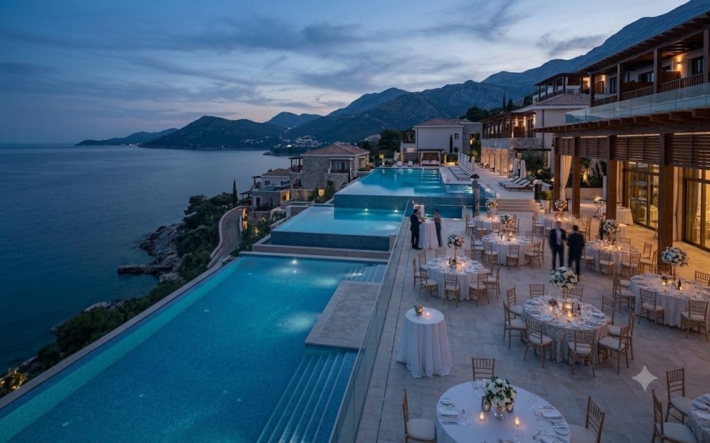 A clifftop resort at dusk with infinity pools and a terrace set for an event