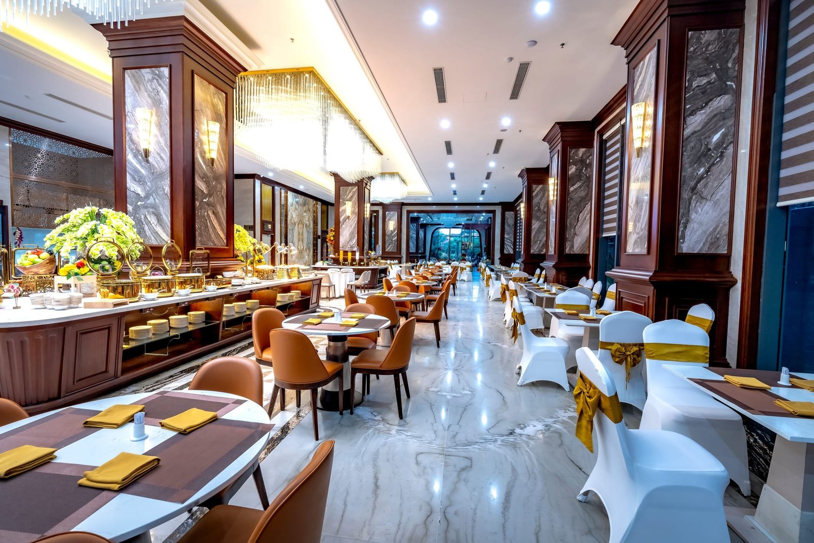 An elegant hospitality interior with warm gold accents
