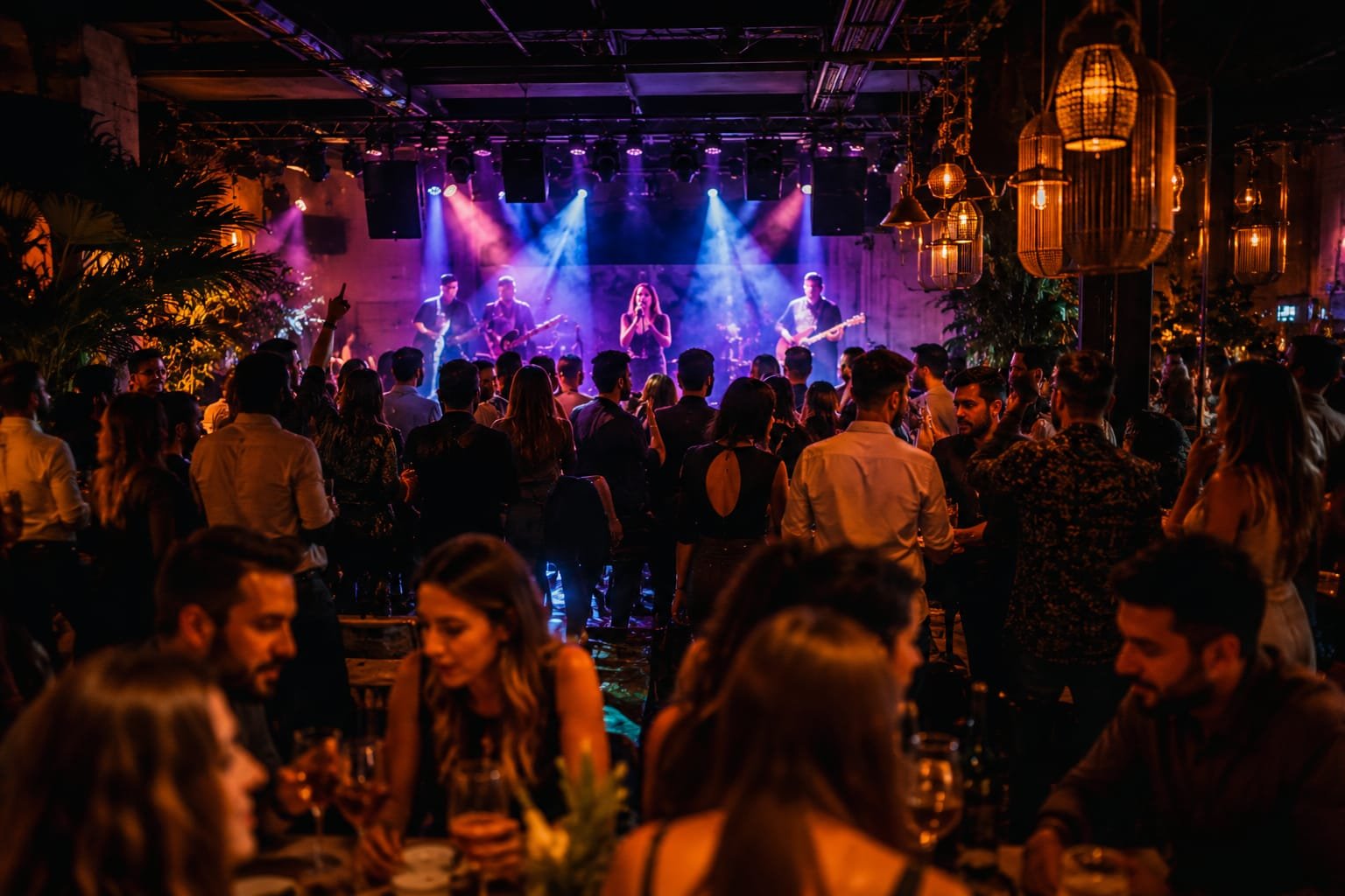A packed live music venue with a band performing on stage