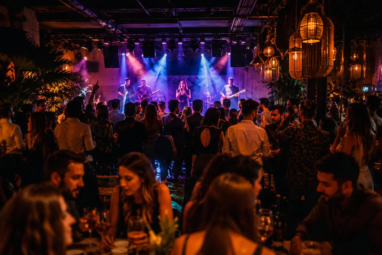 A packed nightclub floor lit by stage lighting