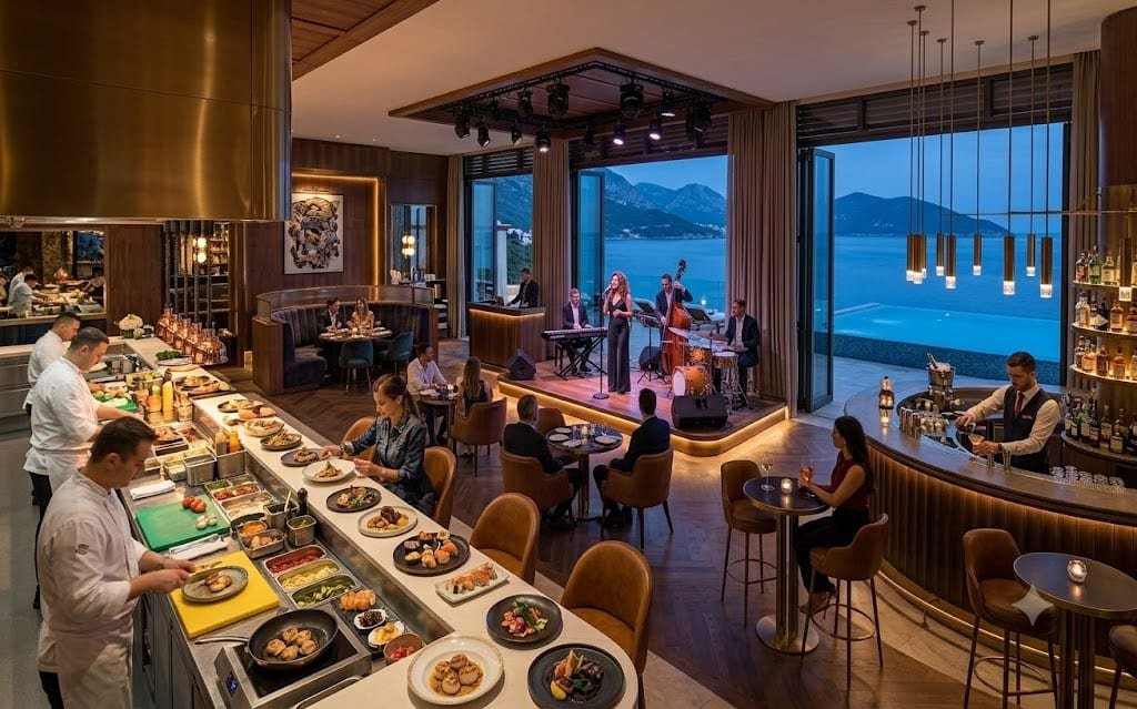 A waterfront restaurant and bar with a live band playing to a full room