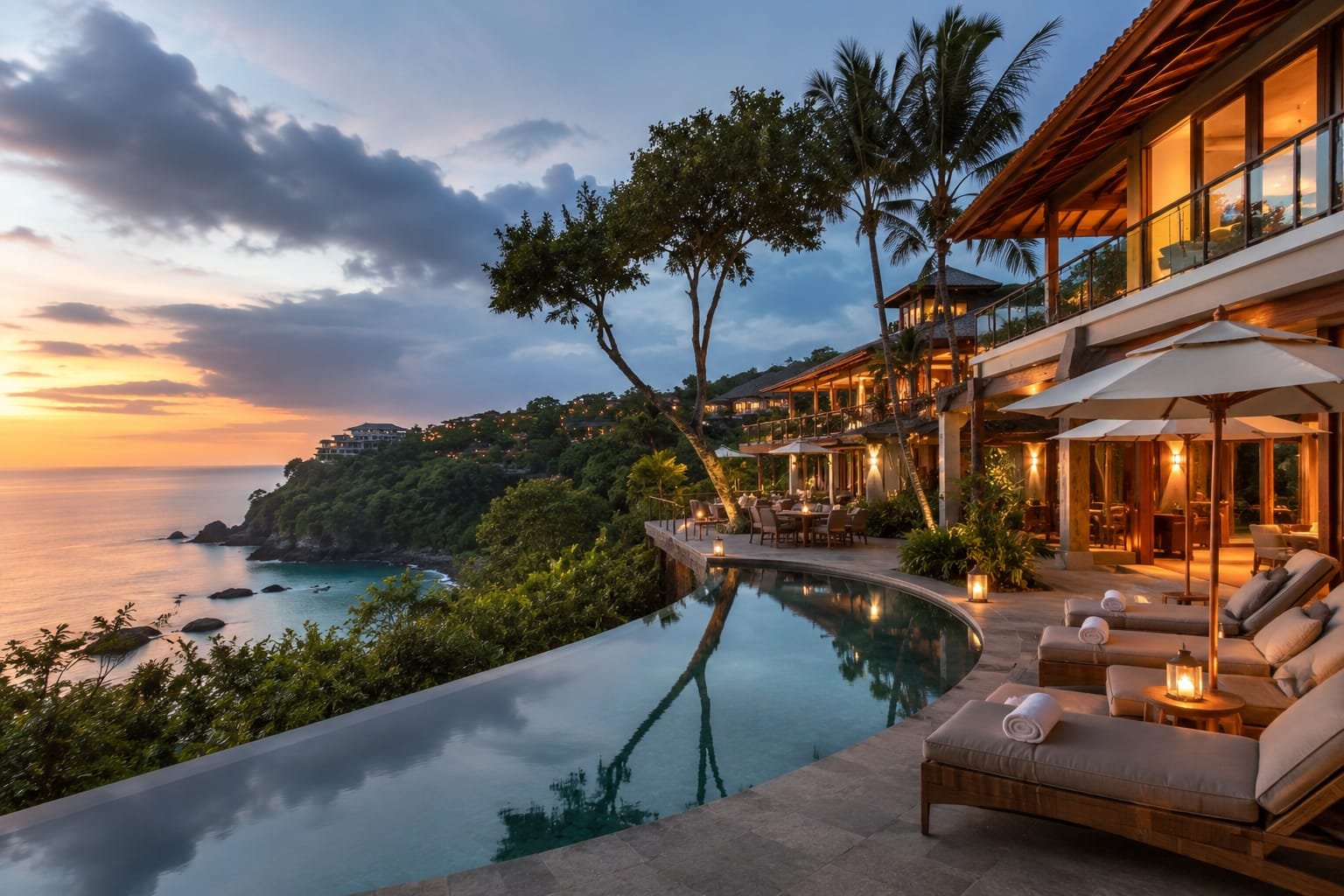 A clifftop resort terrace and infinity pool overlooking the ocean at sunset