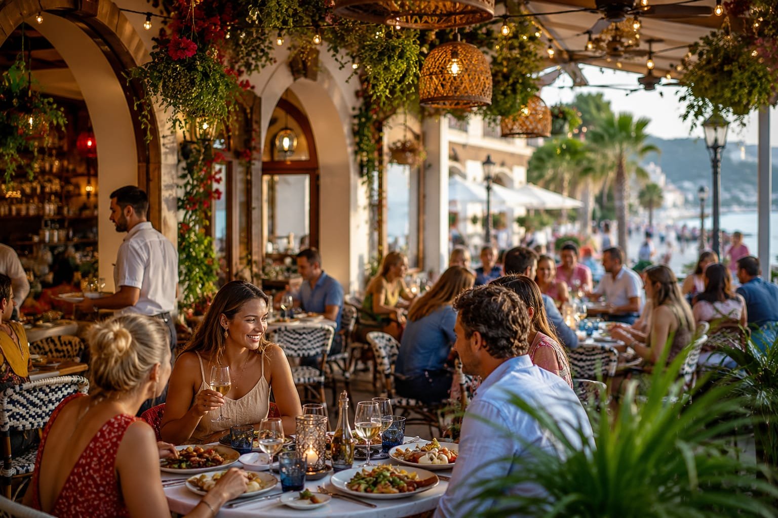 Guests dining on a lantern-lit waterfront restaurant terrace