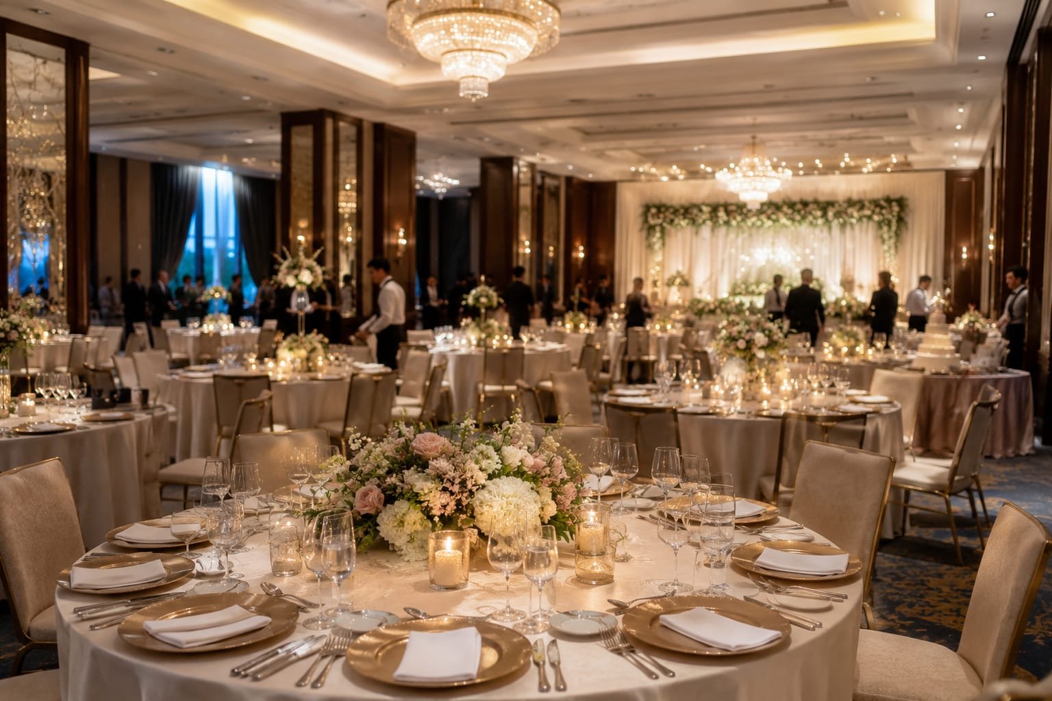 A ballroom set for a wedding reception with floral centerpieces and chandeliers